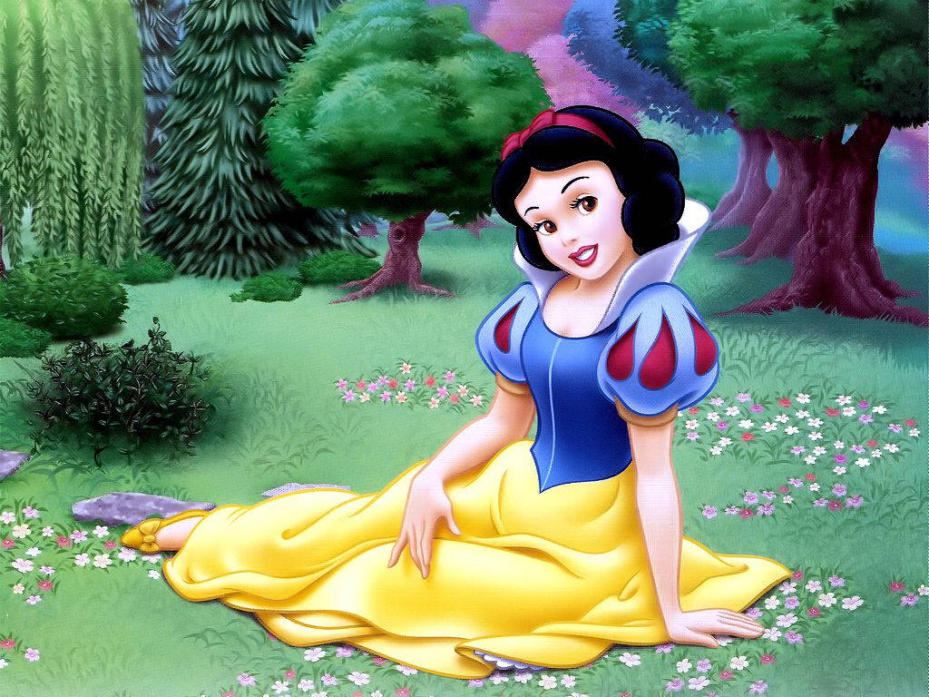 Snow White, blue and yellow gown, sunlit garden, SD Desktop Wallpaper