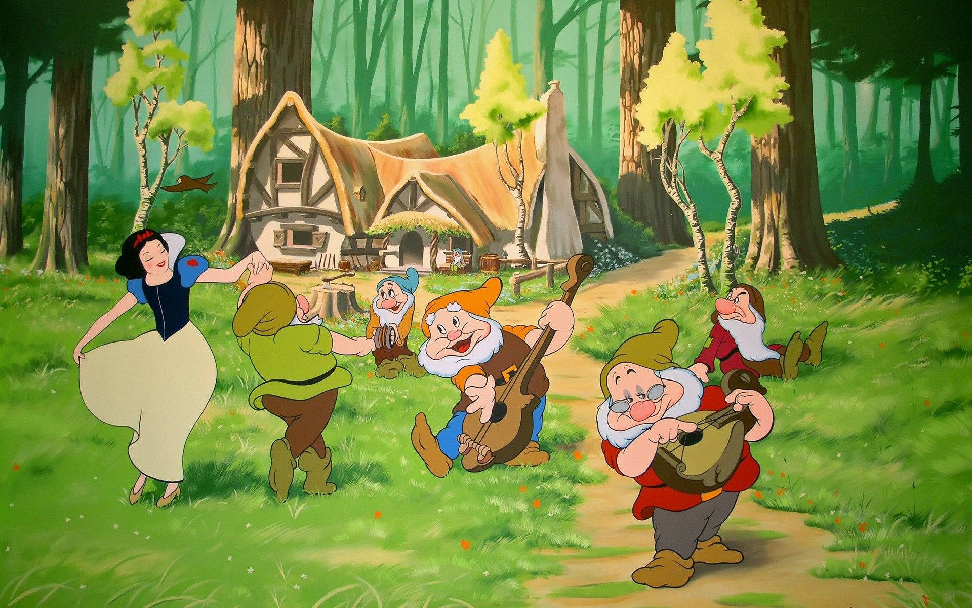 Snow White, seven dwarfs, sunlit forest clearing, Full HD Desktop Wallpaper