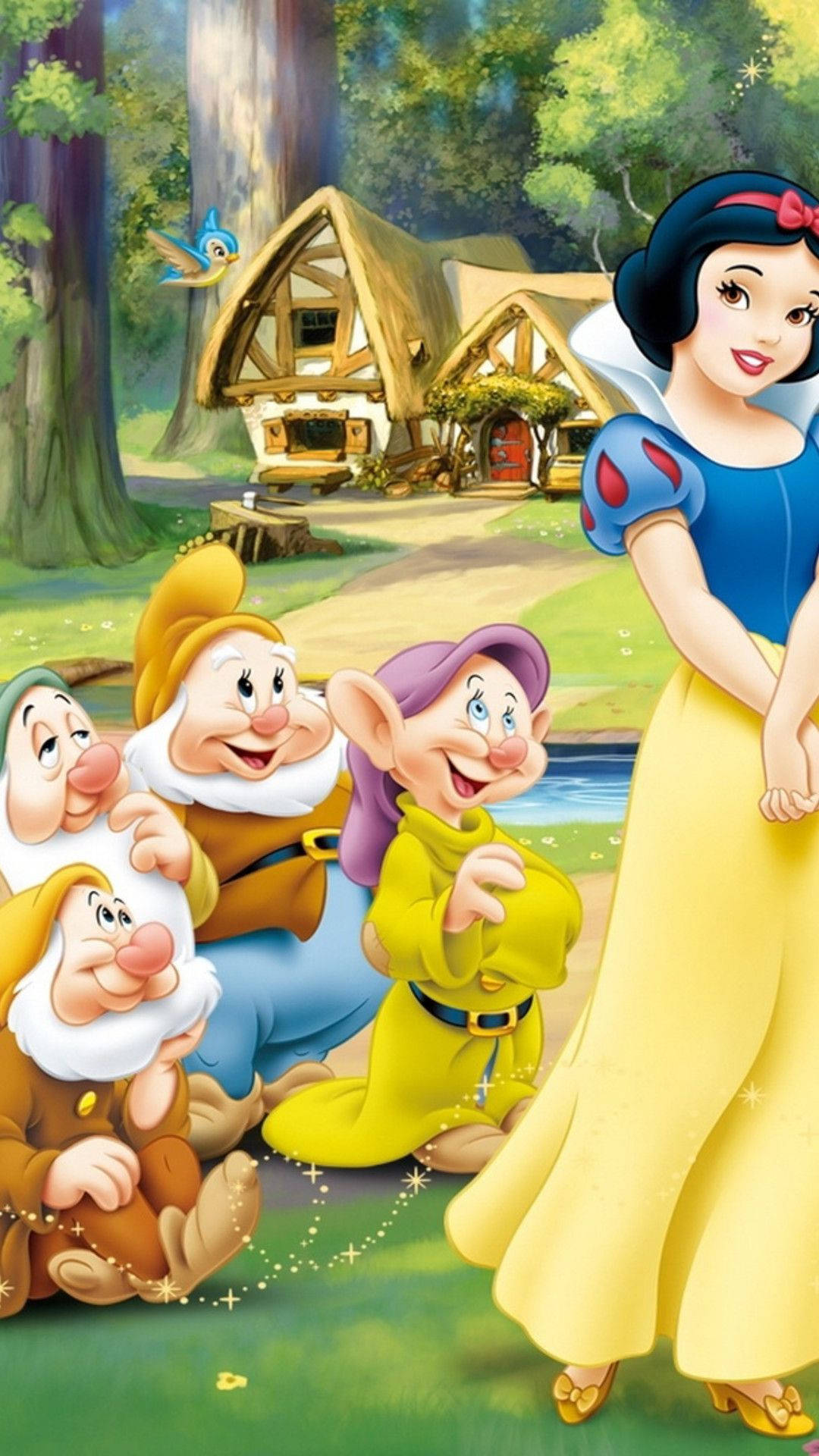 Snow White, seven dwarfs, forest cottage, Full HD Phone Wallpaper