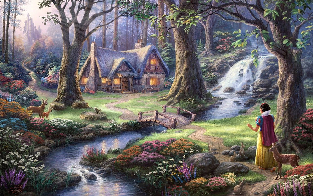 Snow White, deer, glowing cottage, HD Desktop Wallpaper