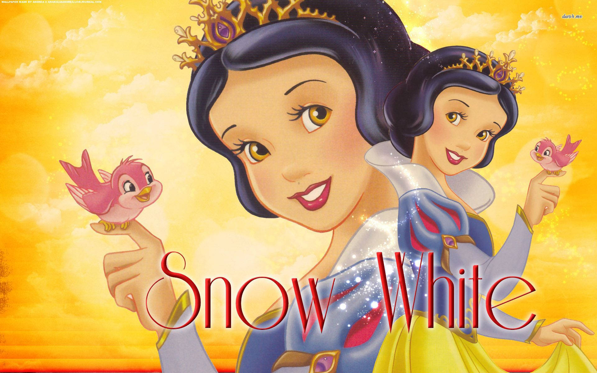 Snow White, yellow, pink birds, Full HD Desktop Wallpaper