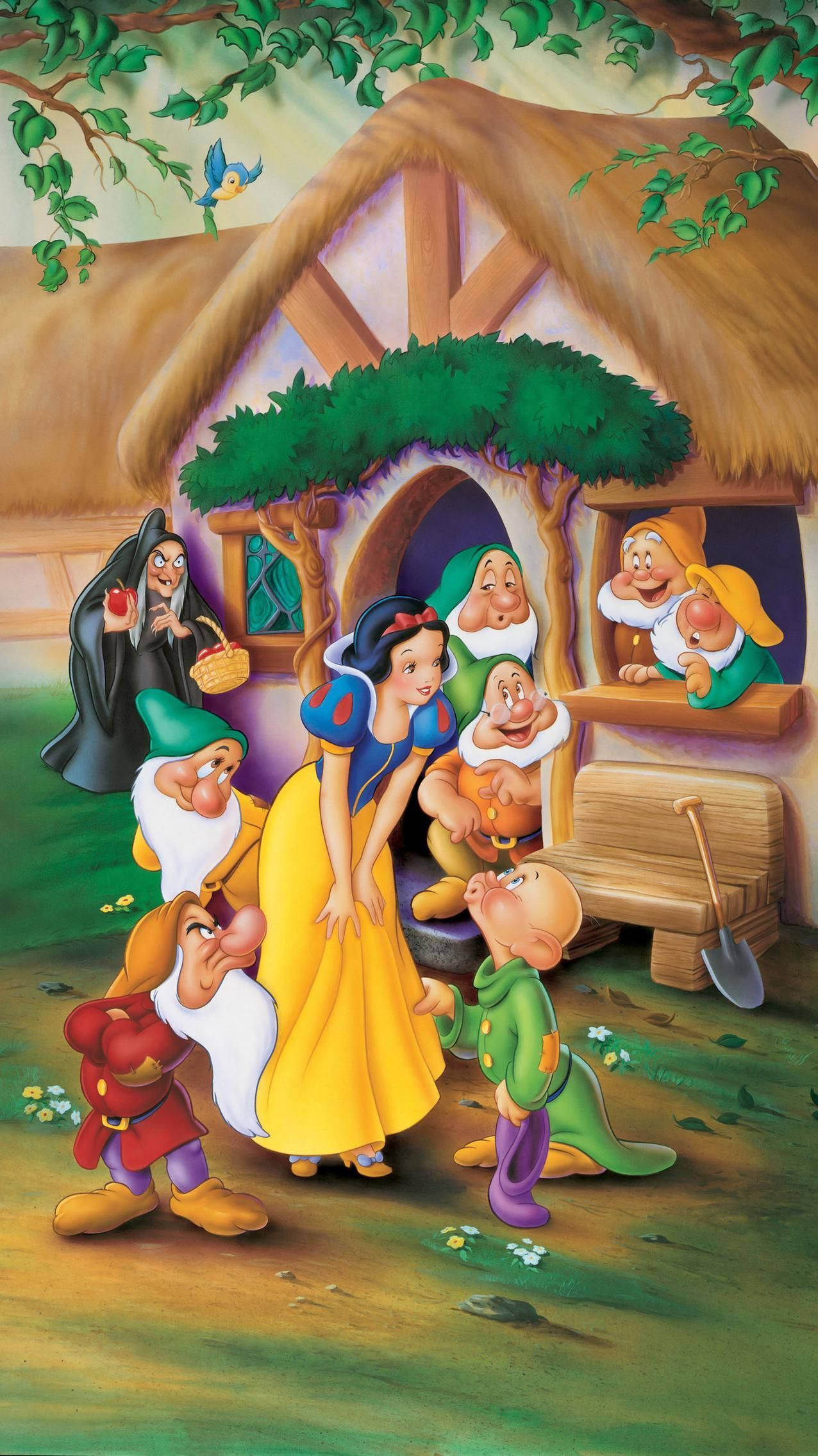Snow White, seven dwarfs, yellow dress, Full HD Phone Wallpaper