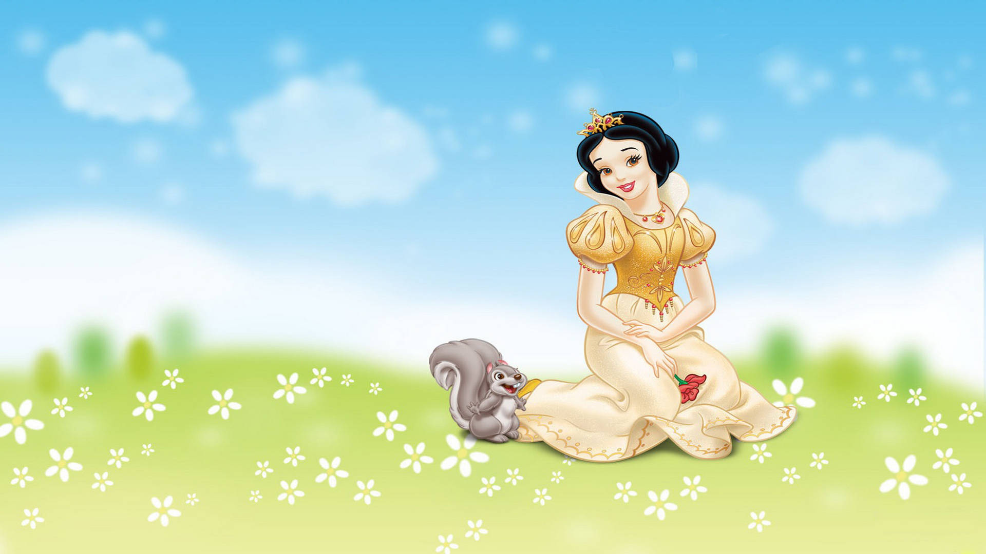 Snow White, golden dress, white flowers, Full HD Desktop Wallpaper