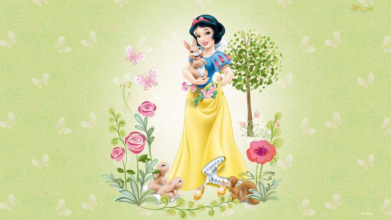 Snow White, yellow dress, pink roses, HD Desktop Wallpaper
