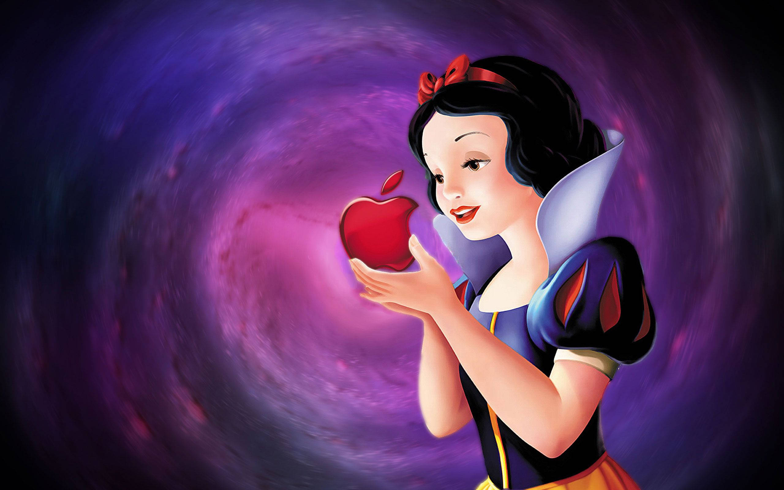 Snow White, glowing red apple, swirling purple cosmic vortex, 2K Desktop Wallpaper