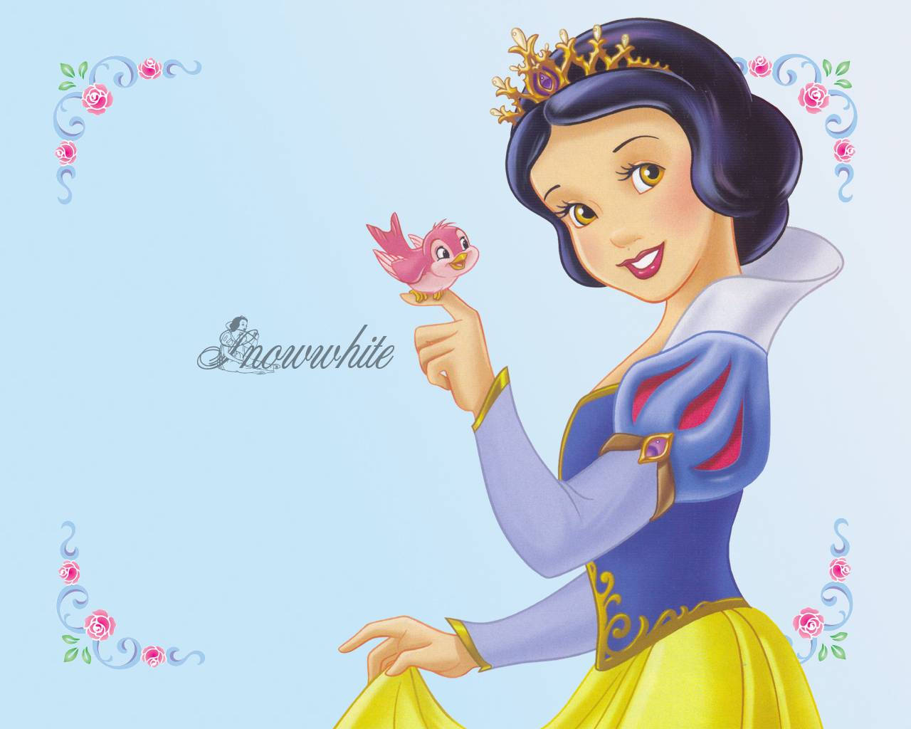 Snow White, pink bird, soft blue background, HD Desktop Wallpaper