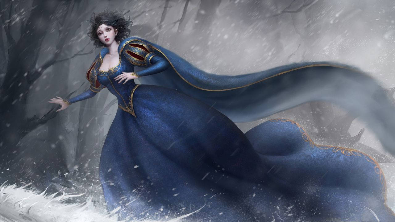 Blue Snow White, snowy forest, blue gown, HD Desktop Wallpaper