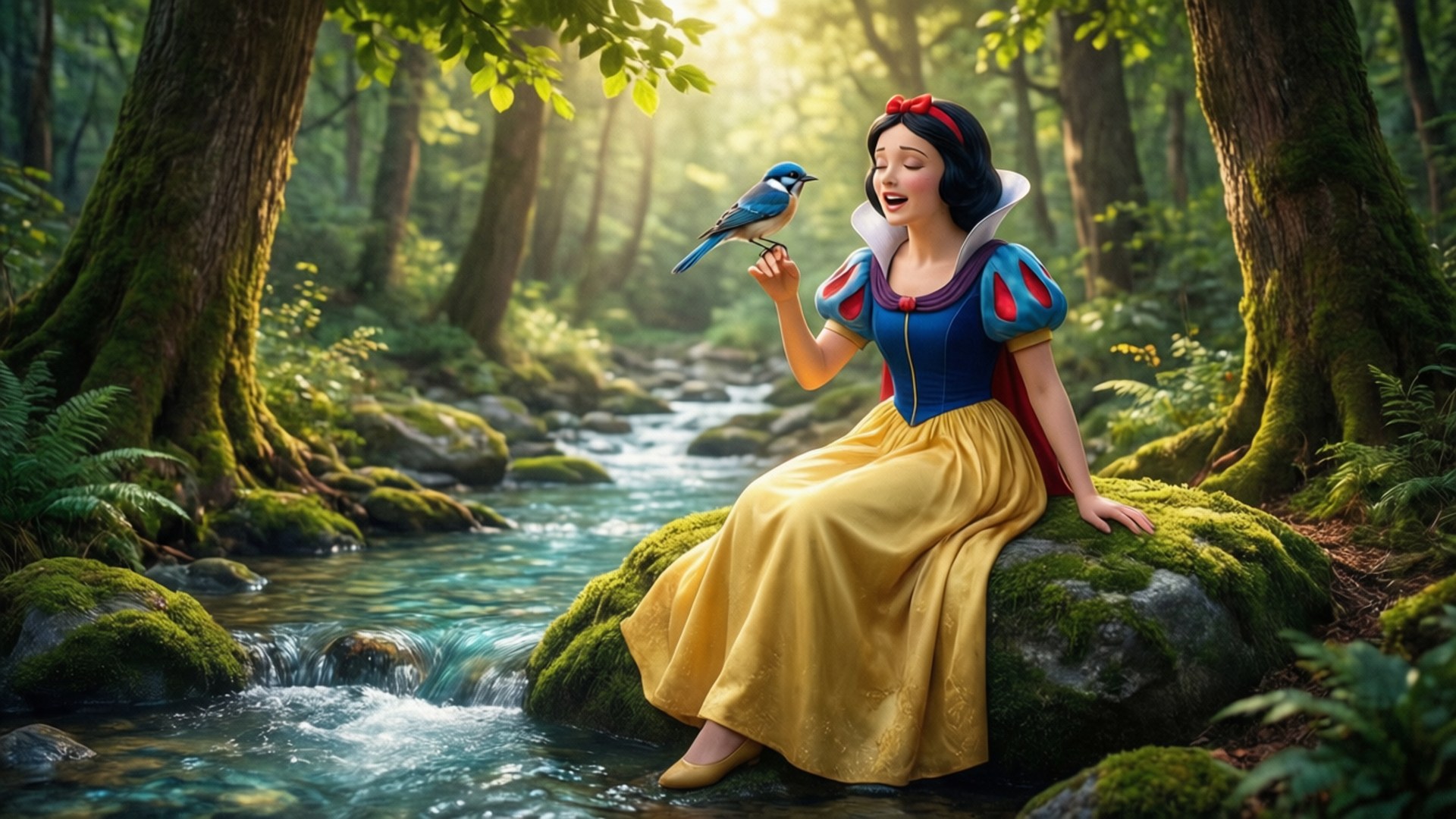 Snow White, mossy stream, sunlit forest, Full HD Desktop Wallpaper