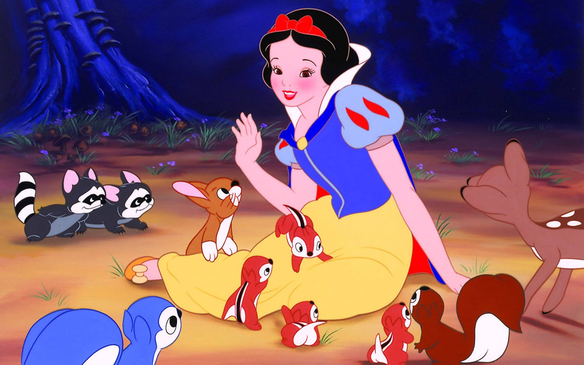 Snow White, forest animals, dark blue night sky, Full HD Desktop Wallpaper