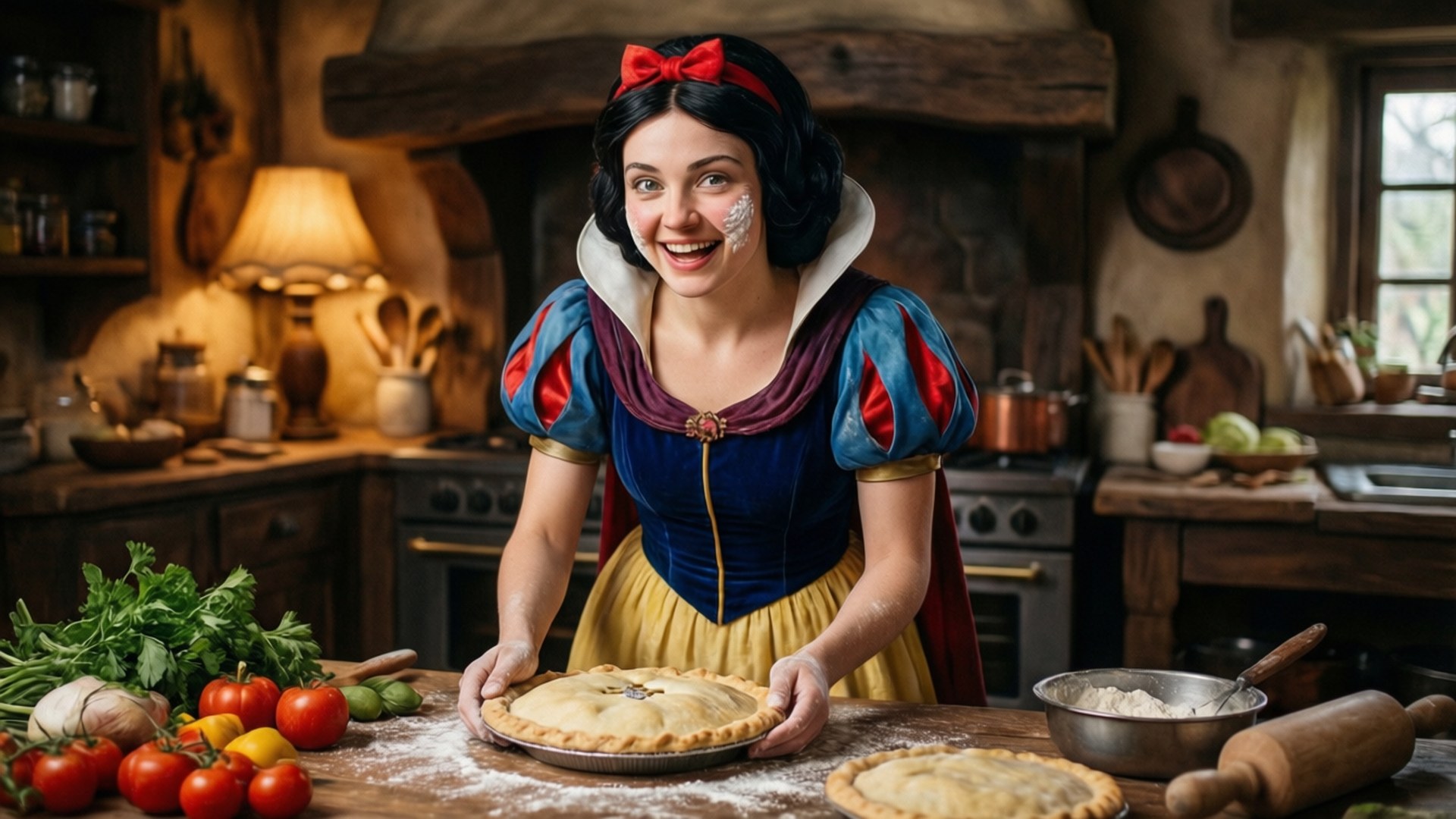 Snow White, rustic kitchen, freshly baked pie, Full HD Desktop Wallpaper