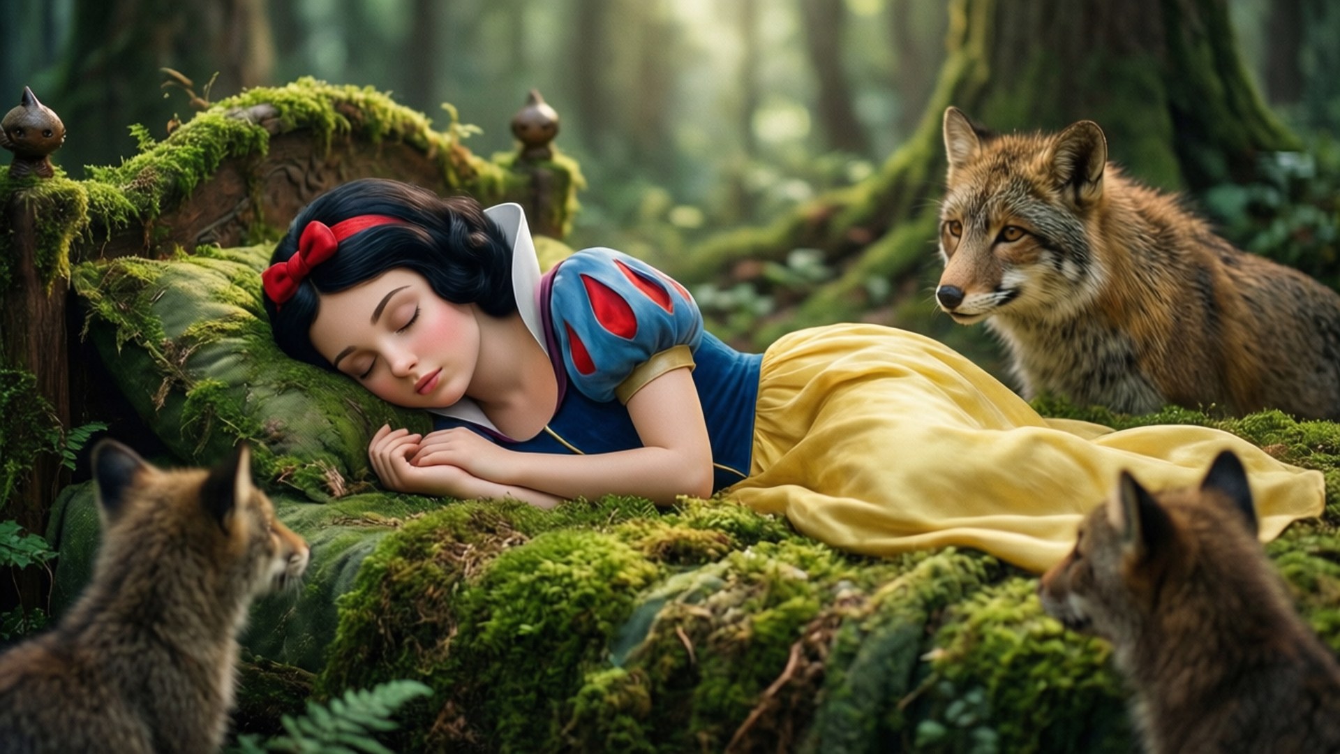 Snow White, mossy forest throne, three foxes, Full HD Desktop Wallpaper
