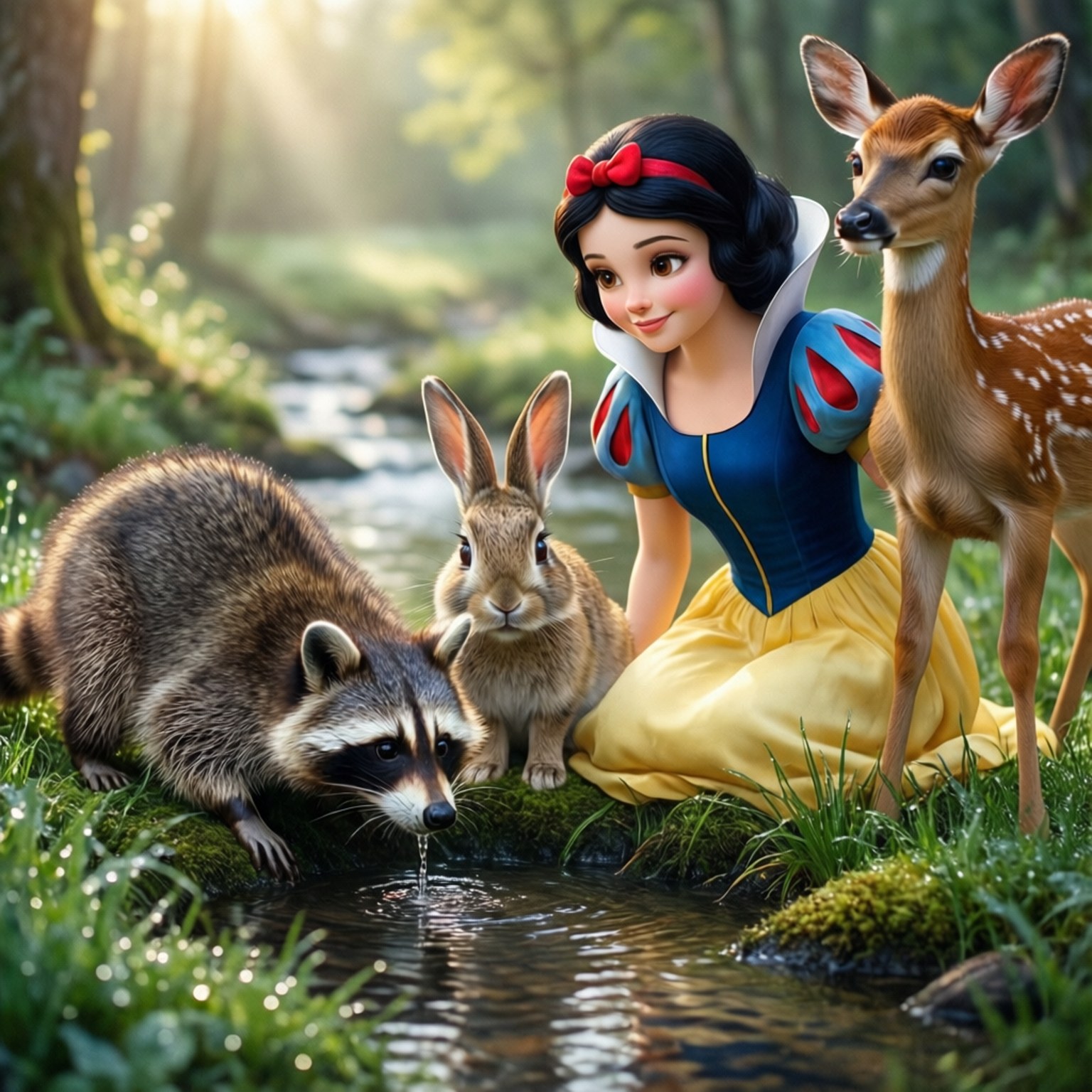 Snow White, blue and yellow dress, forest stream, HD Desktop Wallpaper
