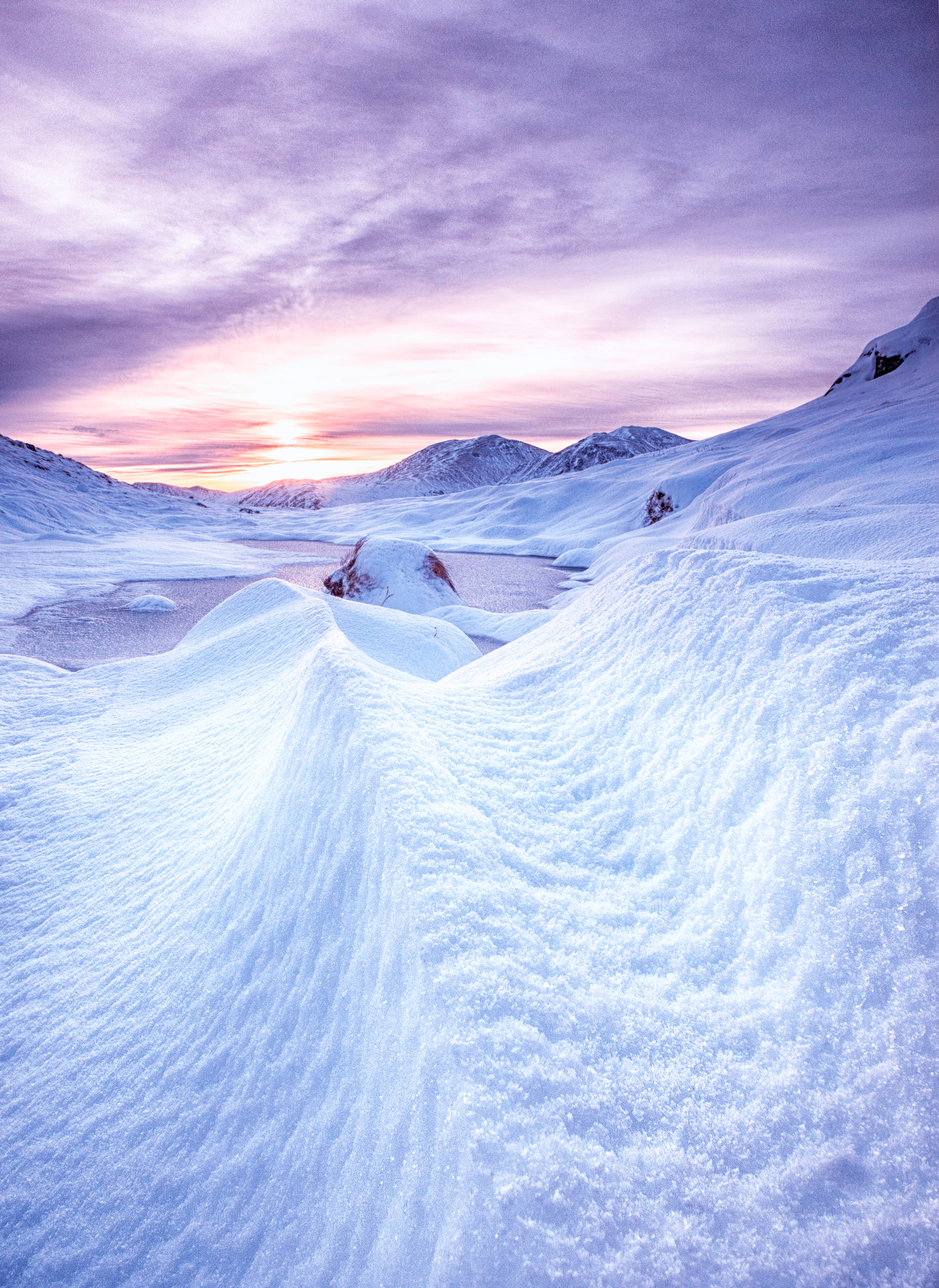 Scotland mountains, winter valley, sunrise, 5K Phone Wallpaper