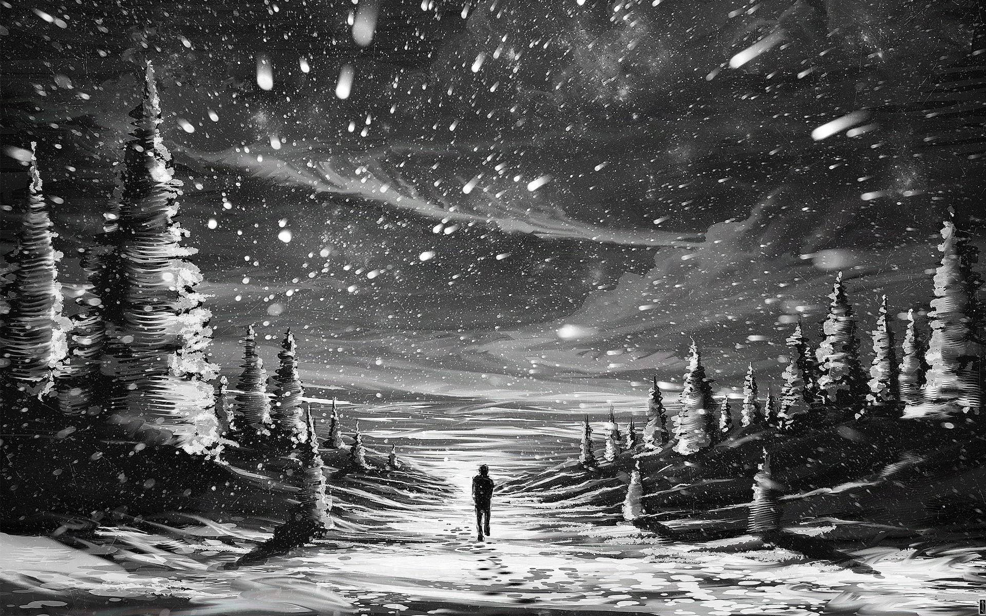 black and white man, snowy forest, starry sky, Full HD Desktop Wallpaper