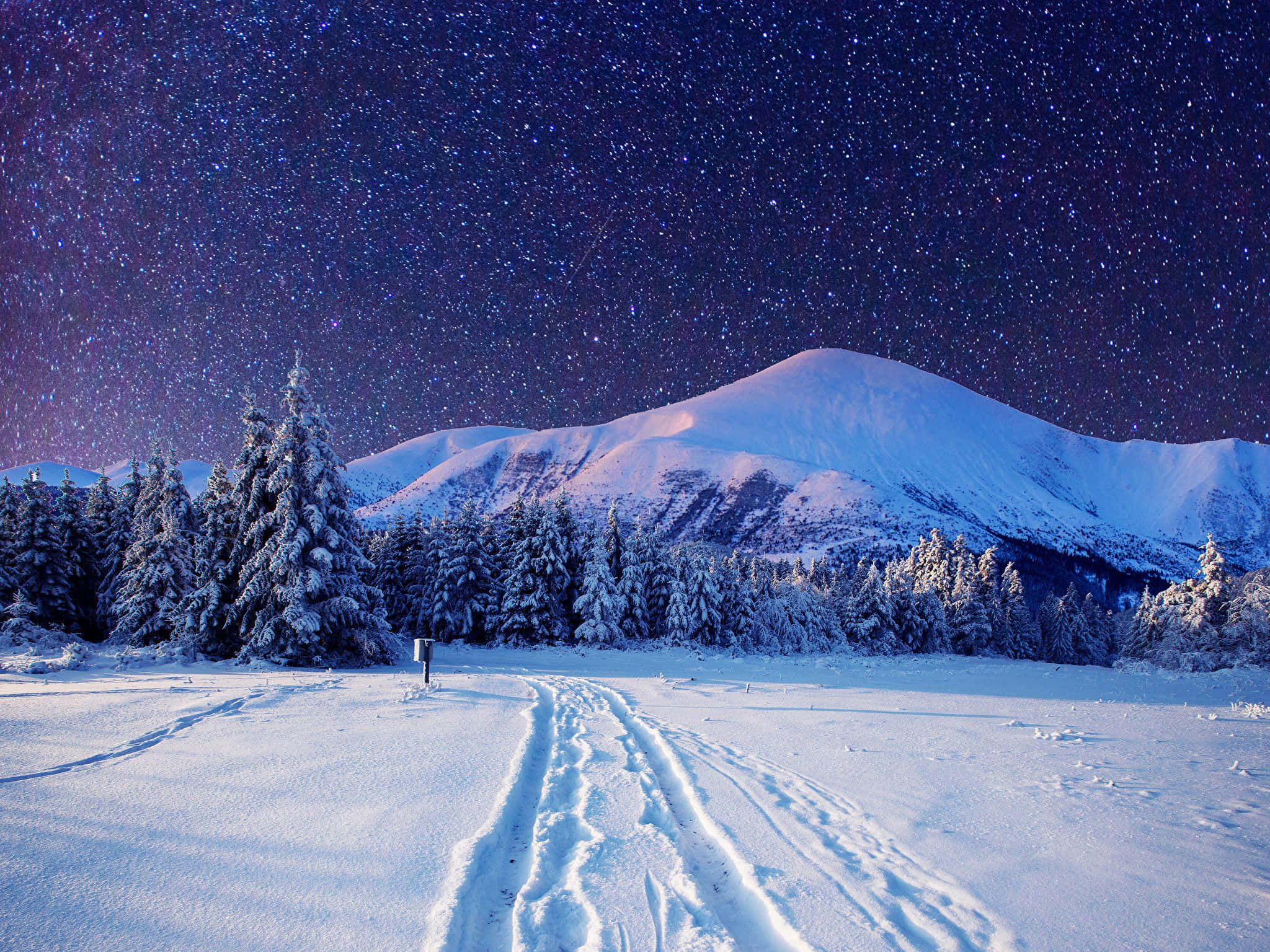 Winter Night Desktop, snowy mountain landscape, starry night sky, Full HD Desktop Wallpaper