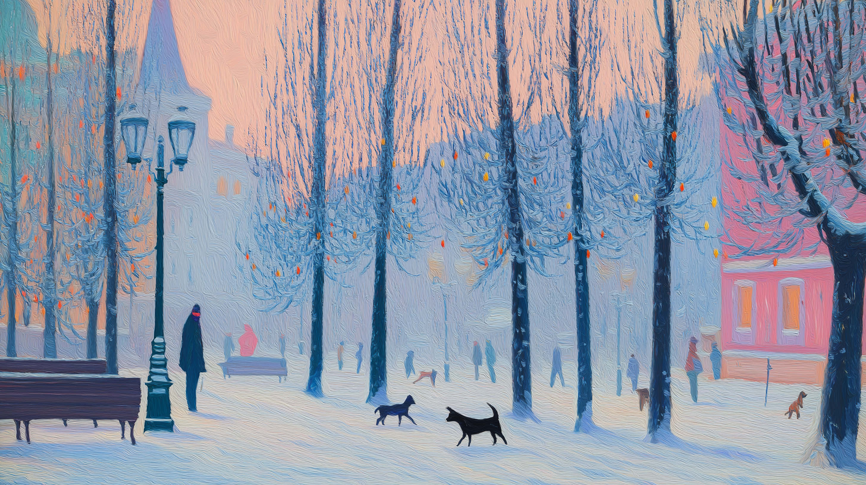 urban winter scene, snowy park, dusk, 2K Desktop Wallpaper