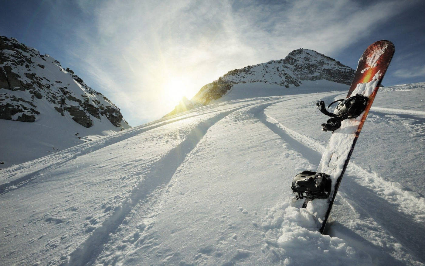 snowboard, fresh powder, sunlit mountain slope, HD Desktop Wallpaper
