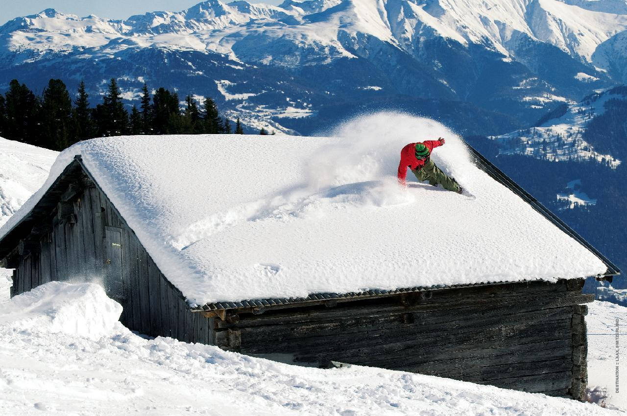 snowboard, red, snow-covered wooden cabin roof, HD Desktop Wallpaper