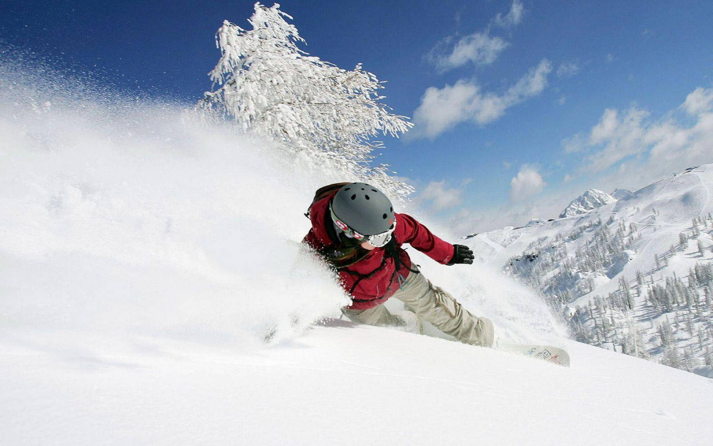 man in red, snowboard, fresh powder, HD Desktop Wallpaper
