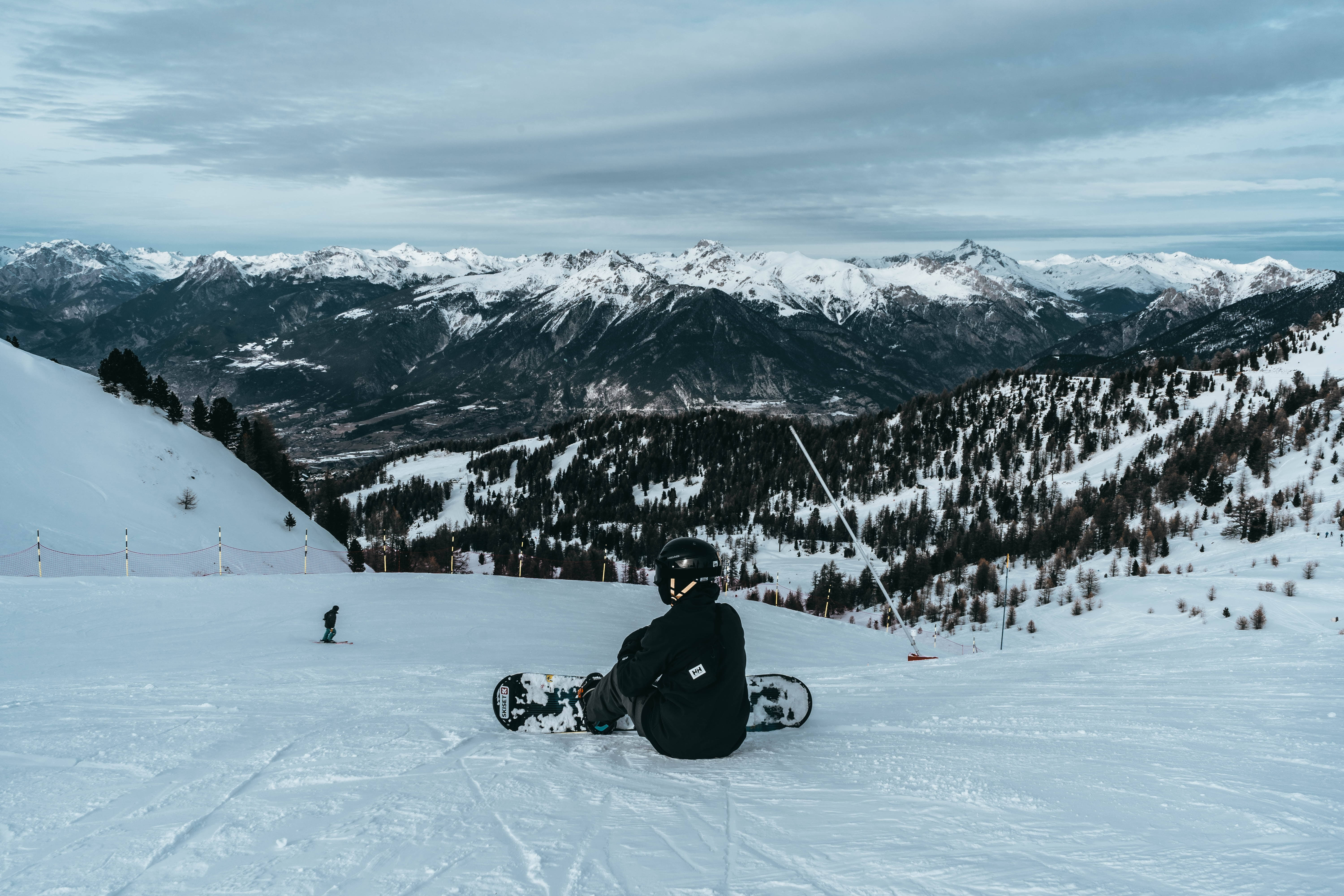 snowboarder, snowy mountain slope, alpine valley, 5K Desktop Wallpaper