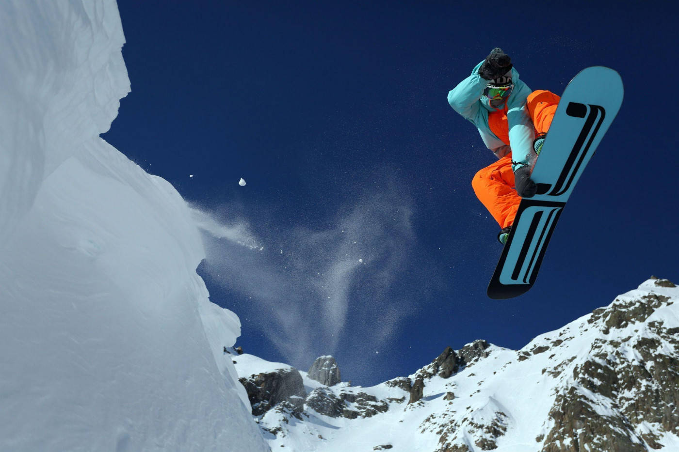 orange, teal, snowboarder, HD Desktop Wallpaper