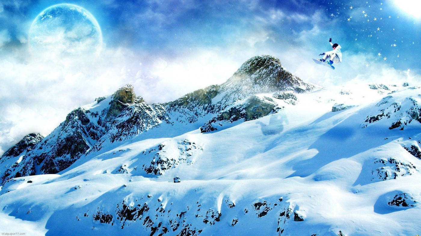 snowboarder, starry sky, snow-capped mountains, HD Desktop Wallpaper