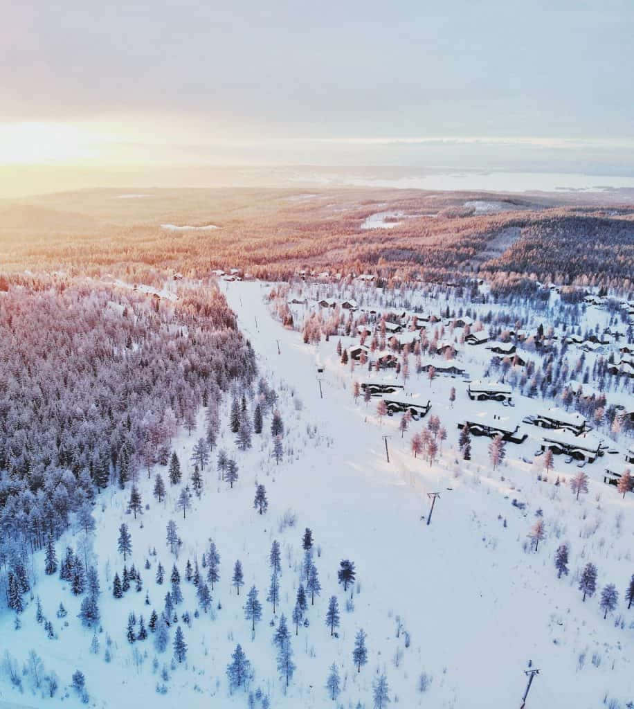 snowy ski resort, forested valley, golden sunrise, SD Phone Wallpaper