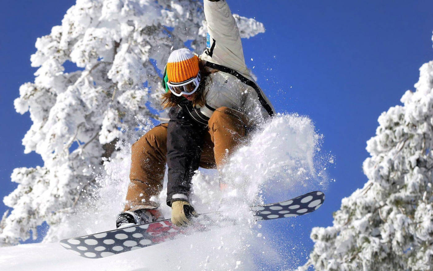 orange beanie, snowboard, powder, HD Desktop Wallpaper