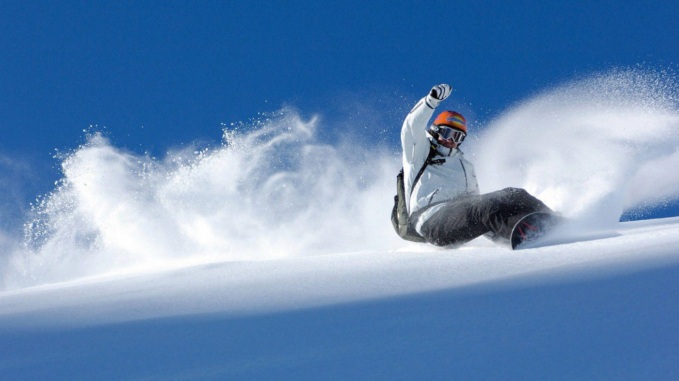 orange and white, snowboard, fresh powder, HD Desktop Wallpaper