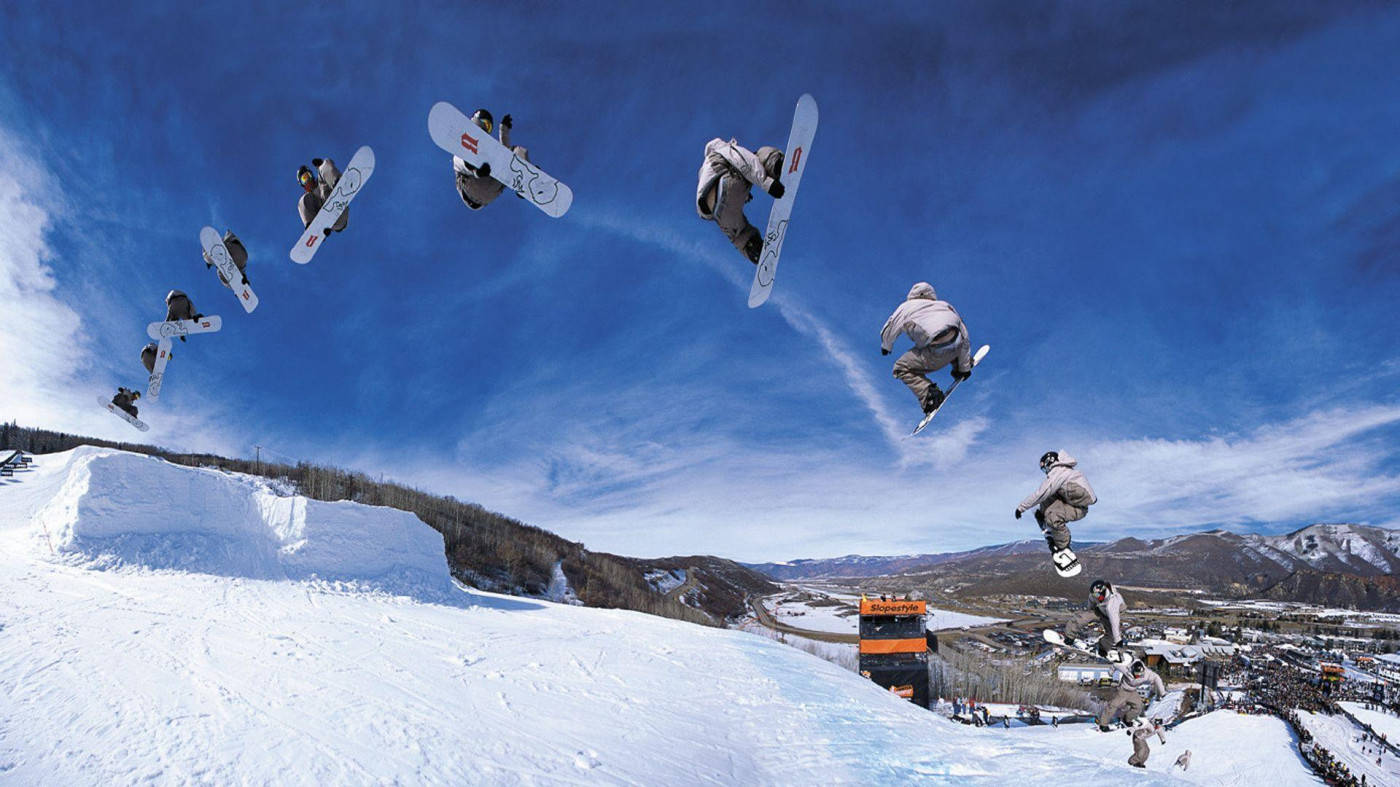 snowboarder, mid-air, vibrant blue sky, HD Desktop Wallpaper