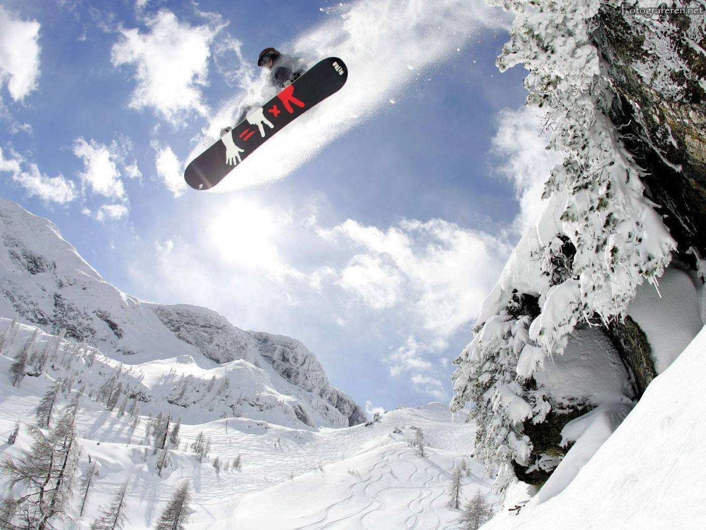 snowboarder, snow-covered mountain slope, bright blue sky, HD Desktop Wallpaper