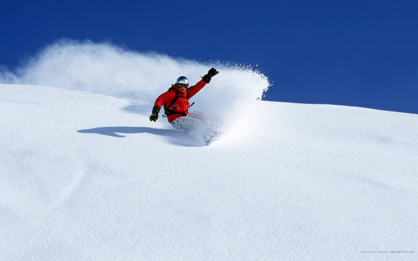 snowboarder, red jacket, fresh powder, HD Desktop Wallpaper