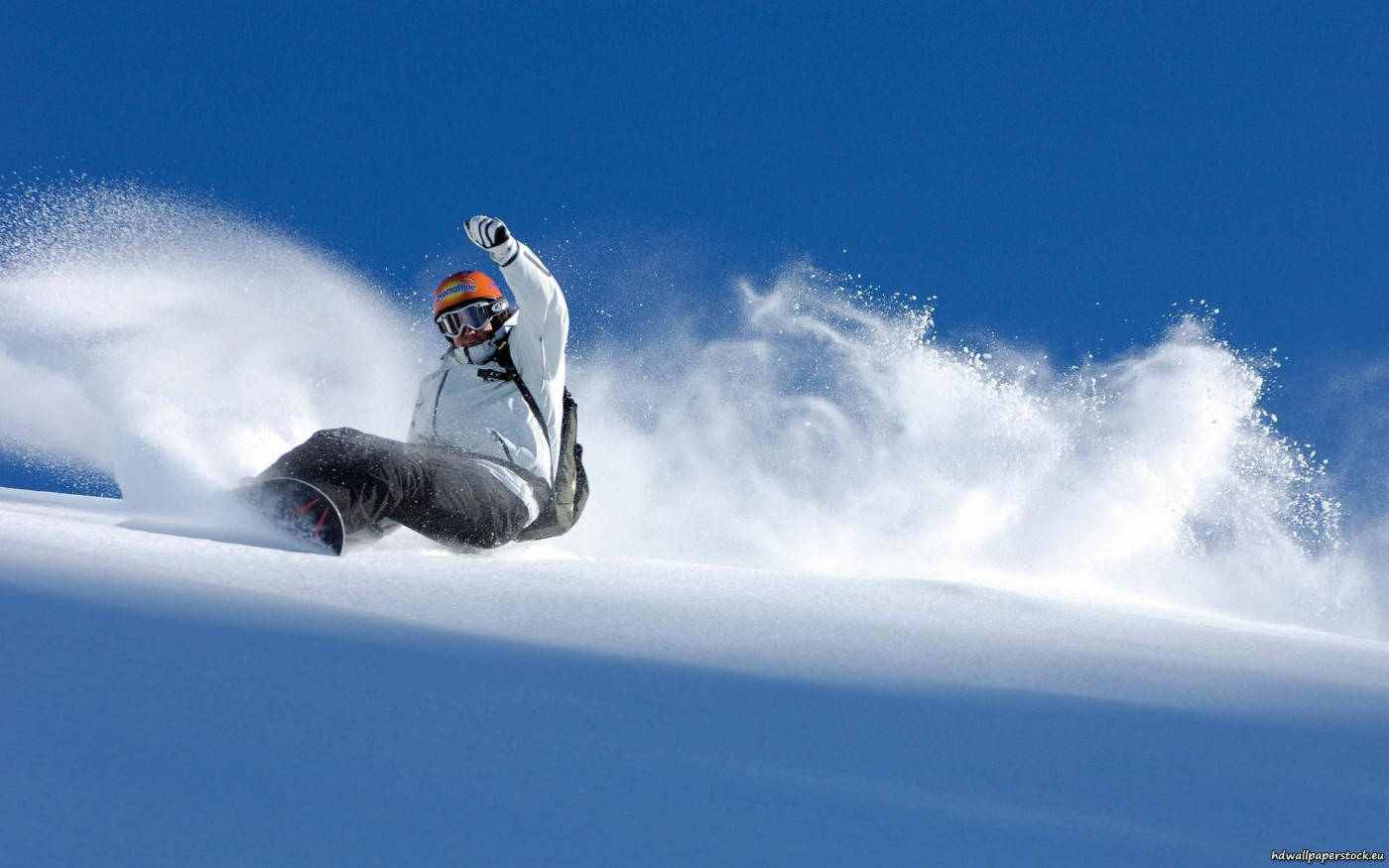 snowboarder, fresh powder snow, clear blue sky, HD Desktop Wallpaper