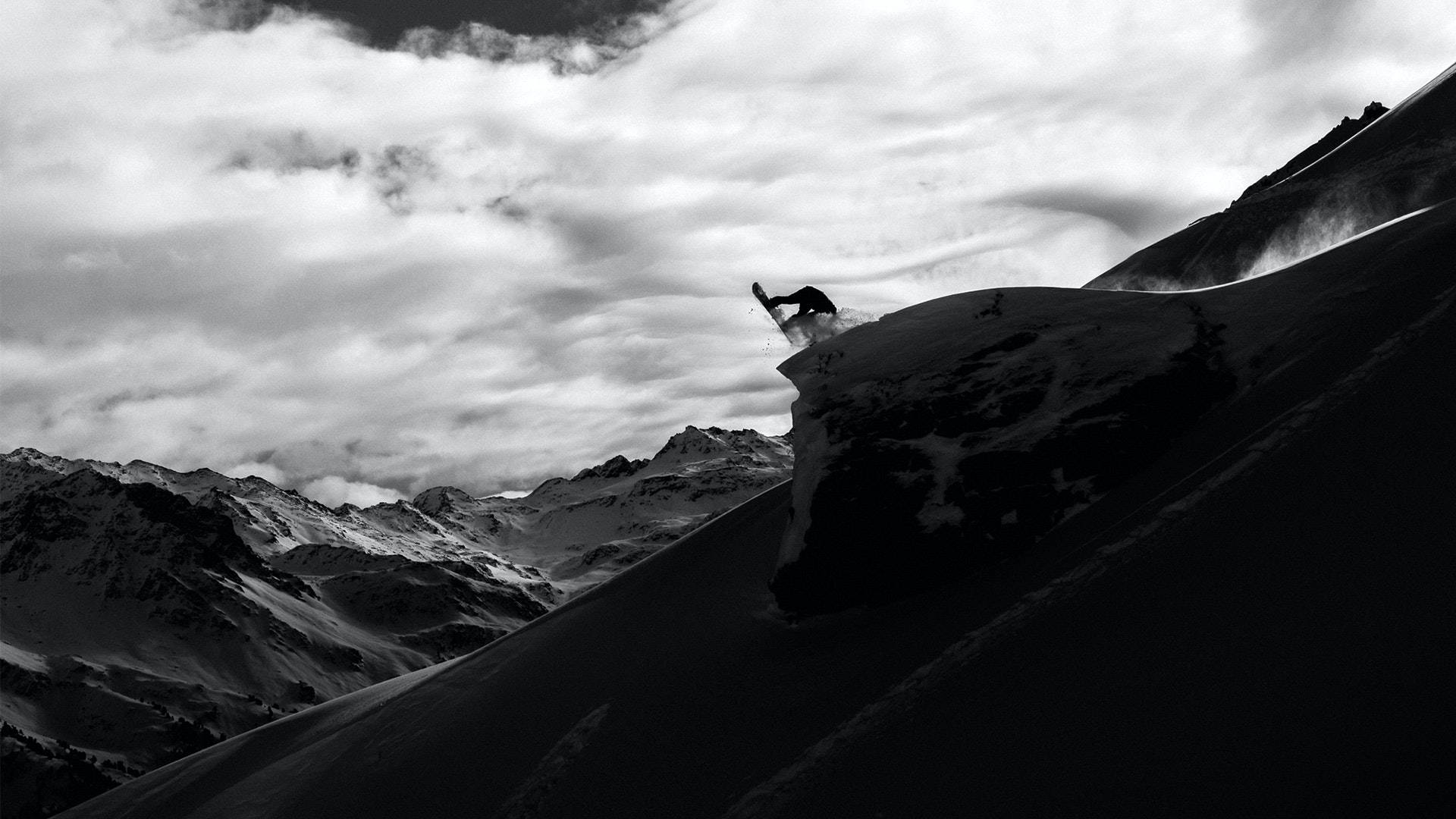 snowboarding, cloudy sky, snow-covered mountain ridge, Full HD Desktop Wallpaper