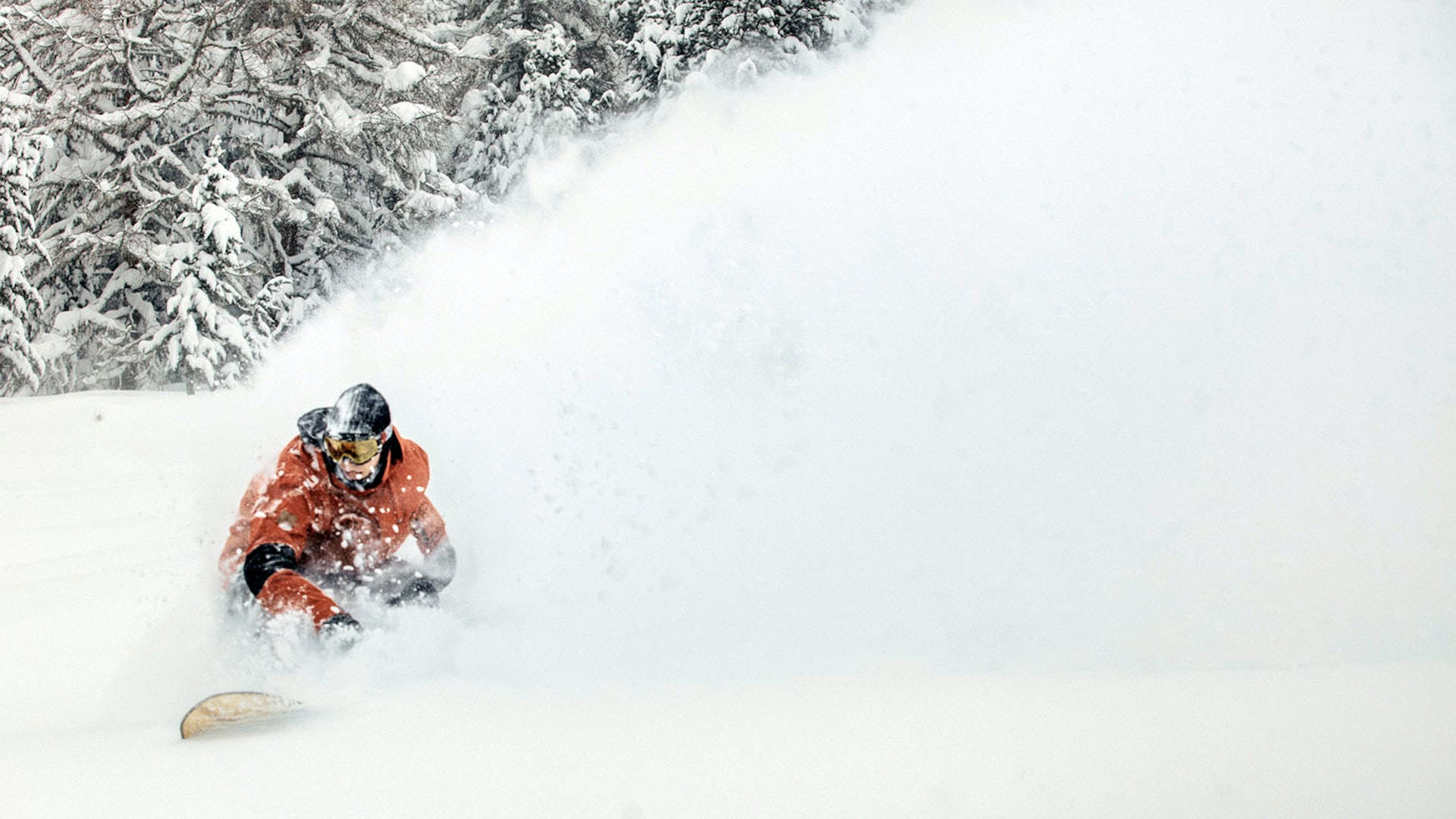 snowboarding, bright orange jacket, fresh powder, Full HD Desktop Wallpaper