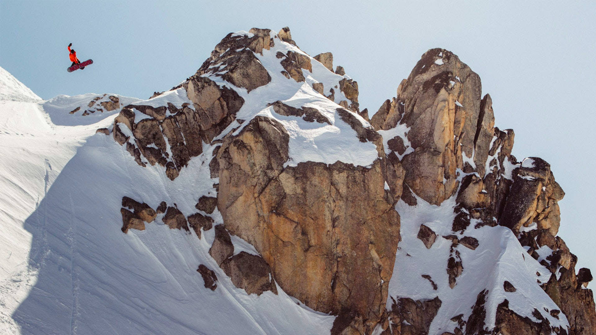 snowboarder, red, rugged snow-dusted mountain peak, Full HD Desktop Wallpaper