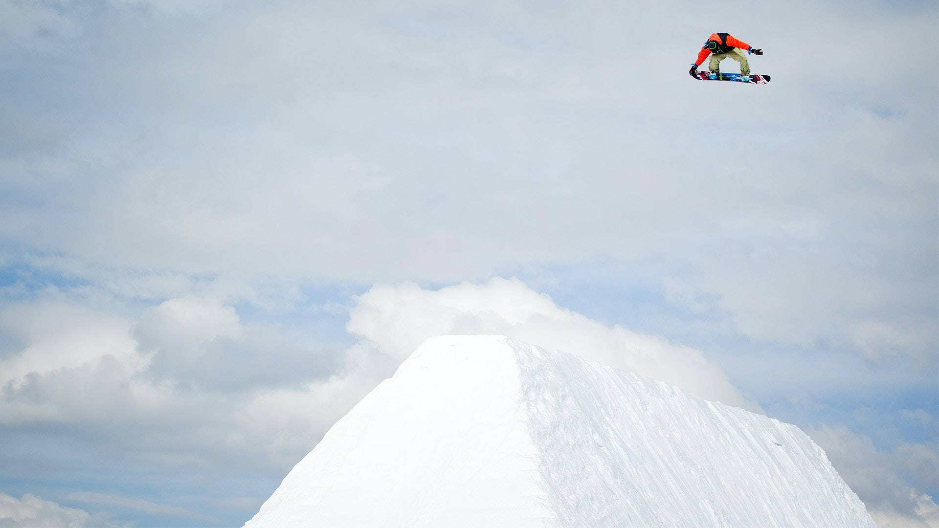 snowboarding, bright orange jacket, snow-covered ramp, Full HD Desktop Wallpaper