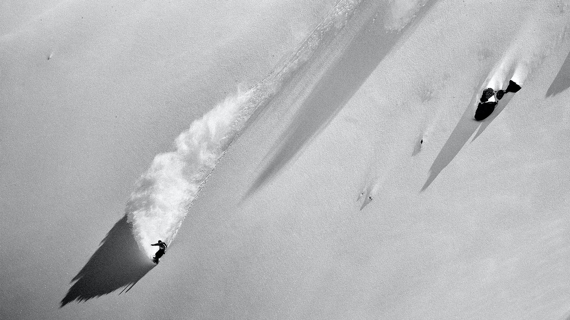 snowboarders, steep snowy slope, powdery trails, Full HD Desktop Wallpaper