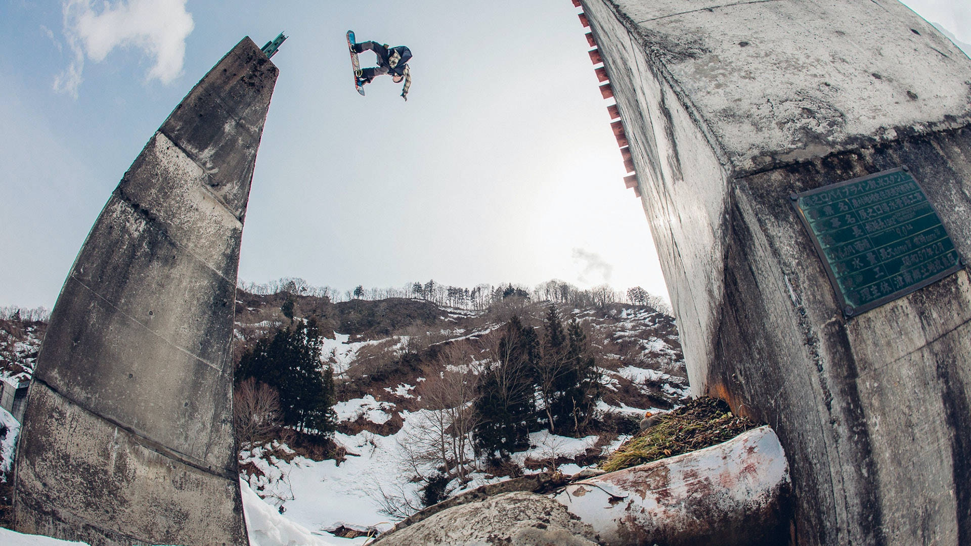 urban snowboarding, snowboarder, concrete structures, Full HD Desktop Wallpaper