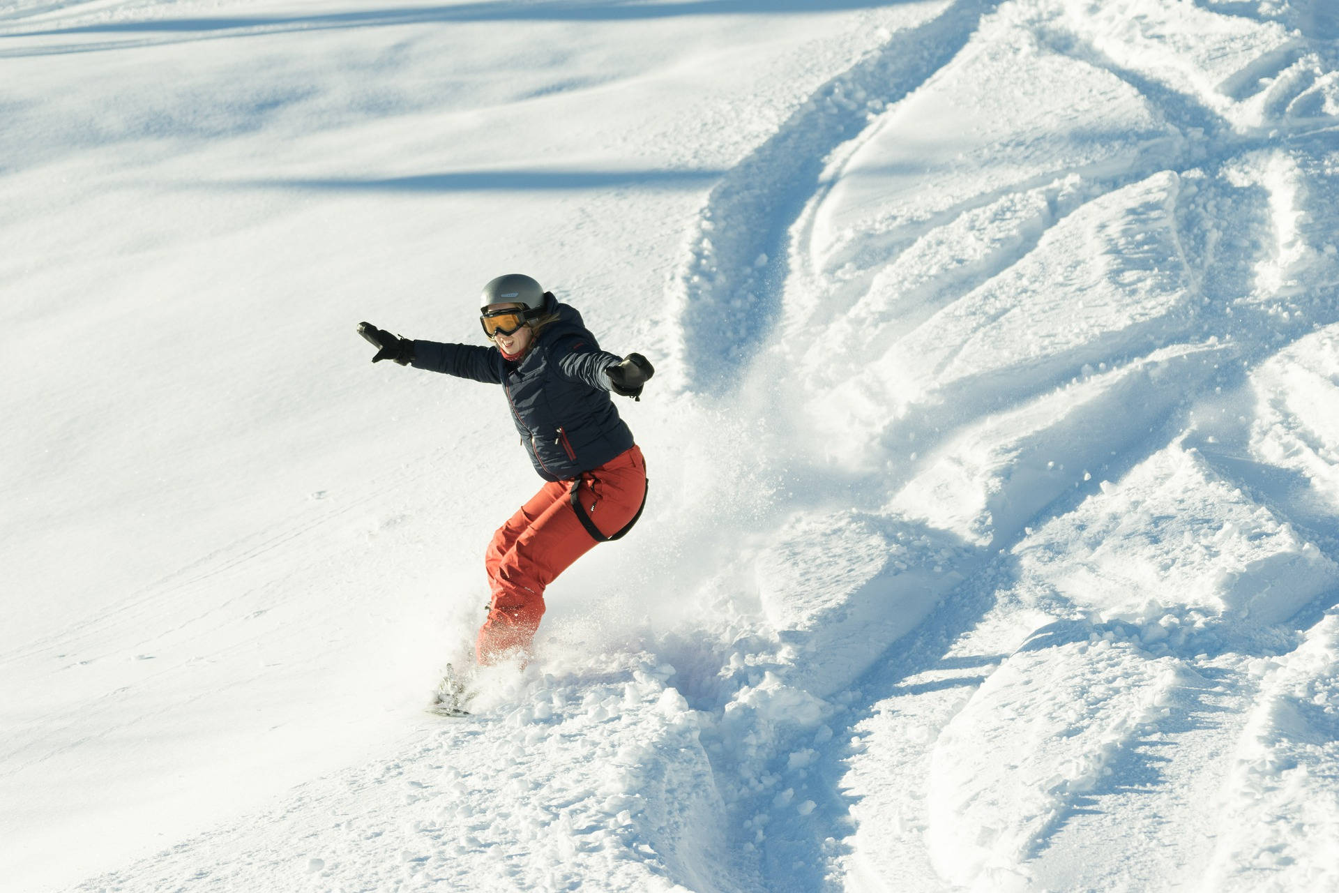 snowboarder, bright orange pants, fresh powder snow, Full HD Desktop Wallpaper