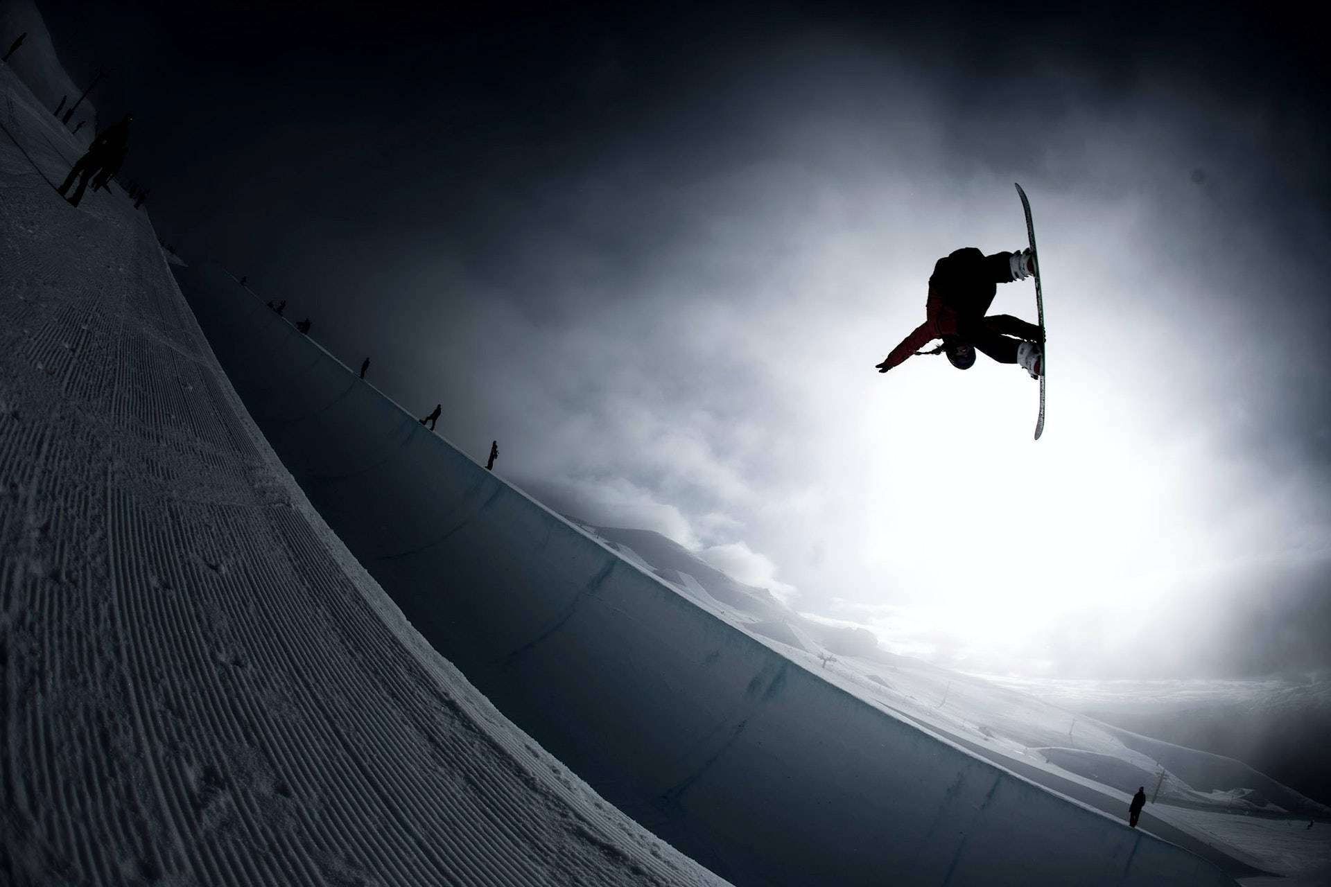 snowboarder, bright sky, groomed snowy slope, Full HD Desktop Wallpaper