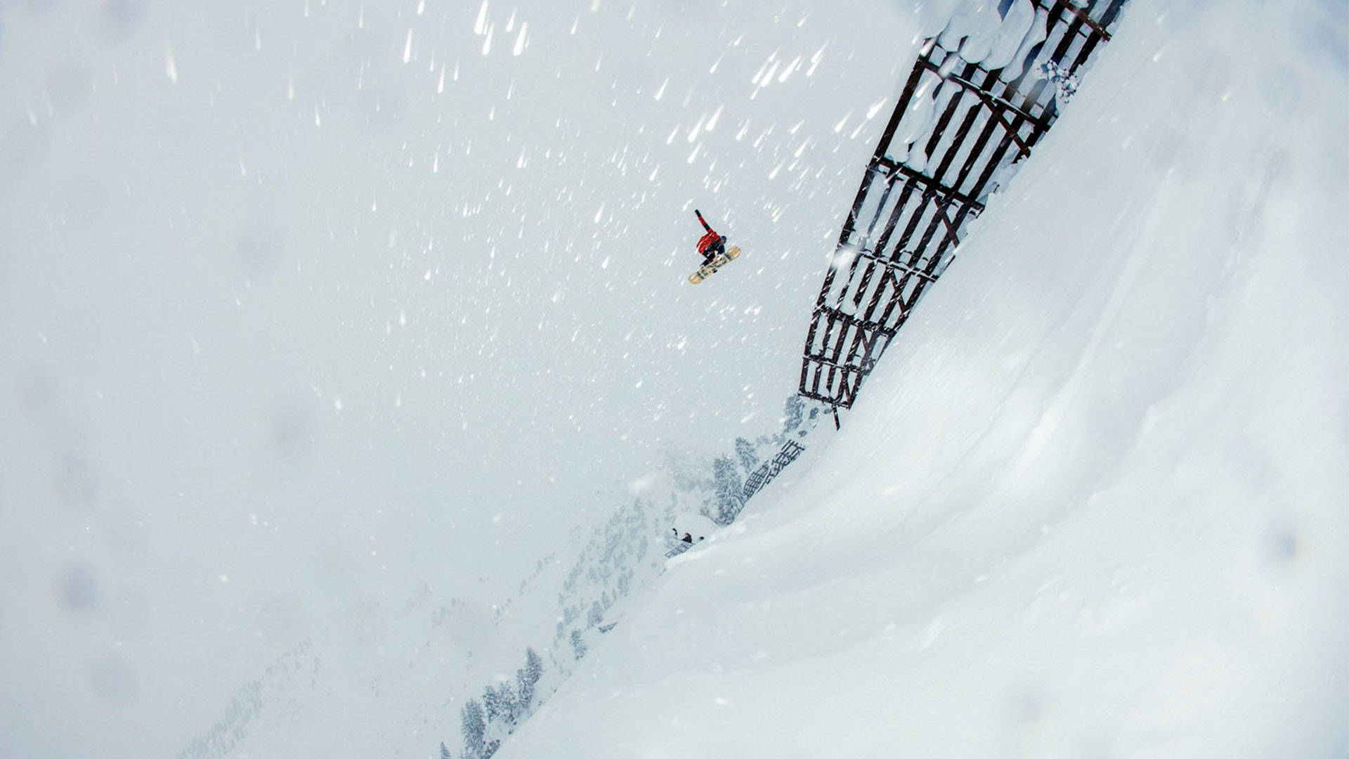 red, metal rail, steep snowy mountain slope, Full HD Desktop Wallpaper