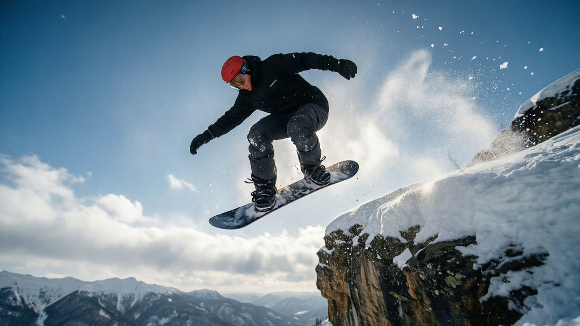 cliff jump, black gear, red helmet, Full HD Desktop Wallpaper