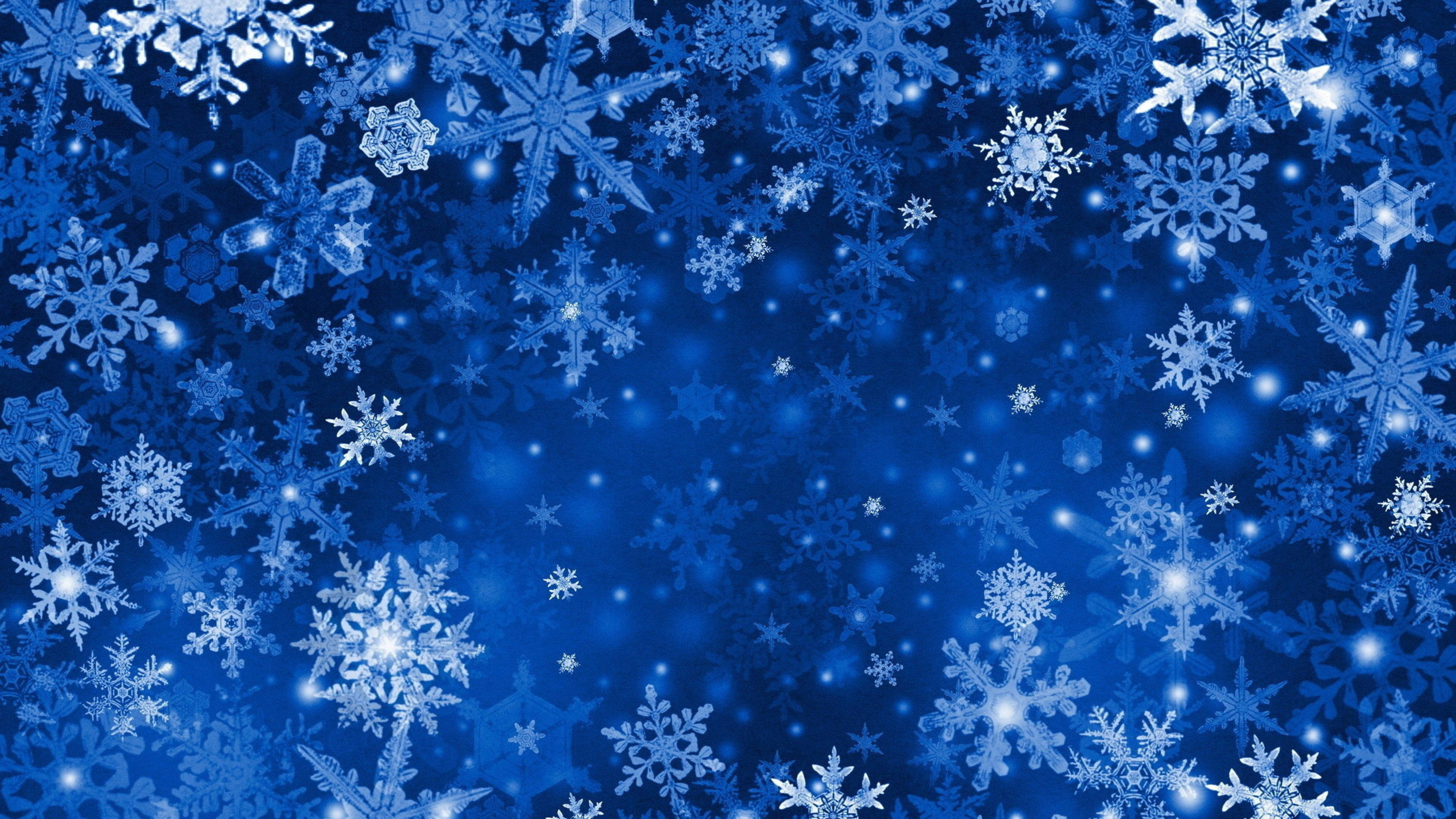 Snowflake, vibrant blue background, glowing white snowflakes, 4K Desktop Wallpaper