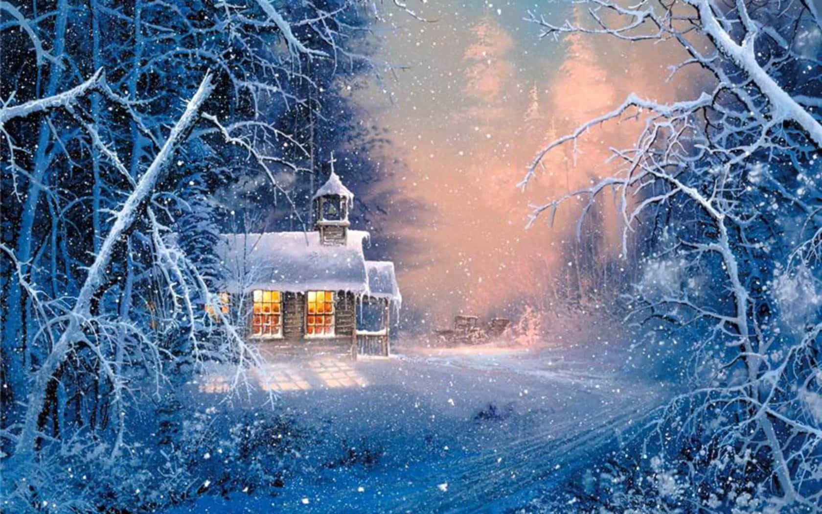 snowfall, snow-covered cabin, warm glowing windows, HD Desktop Wallpaper