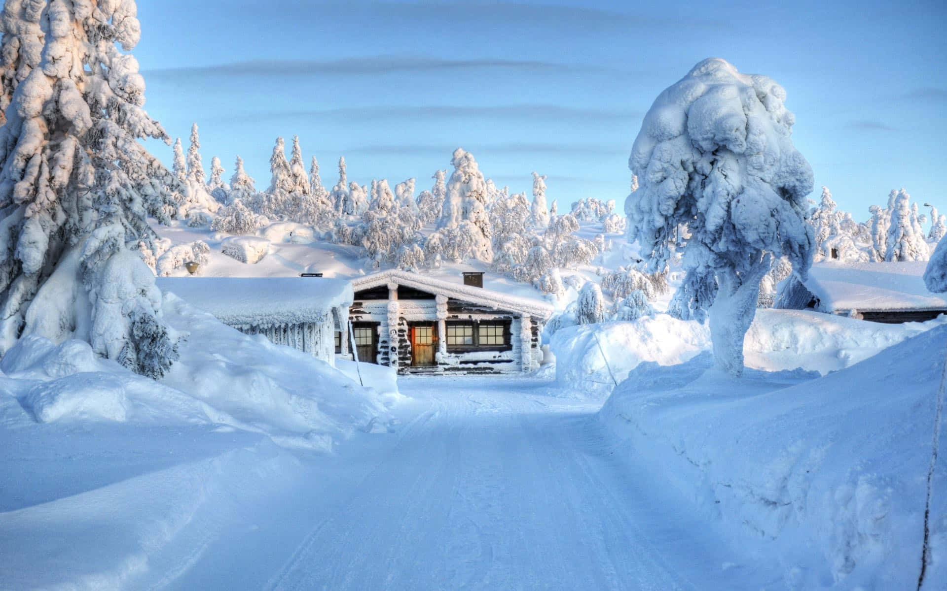 Snowfall, Village House, log cabin, Full HD Desktop Wallpaper