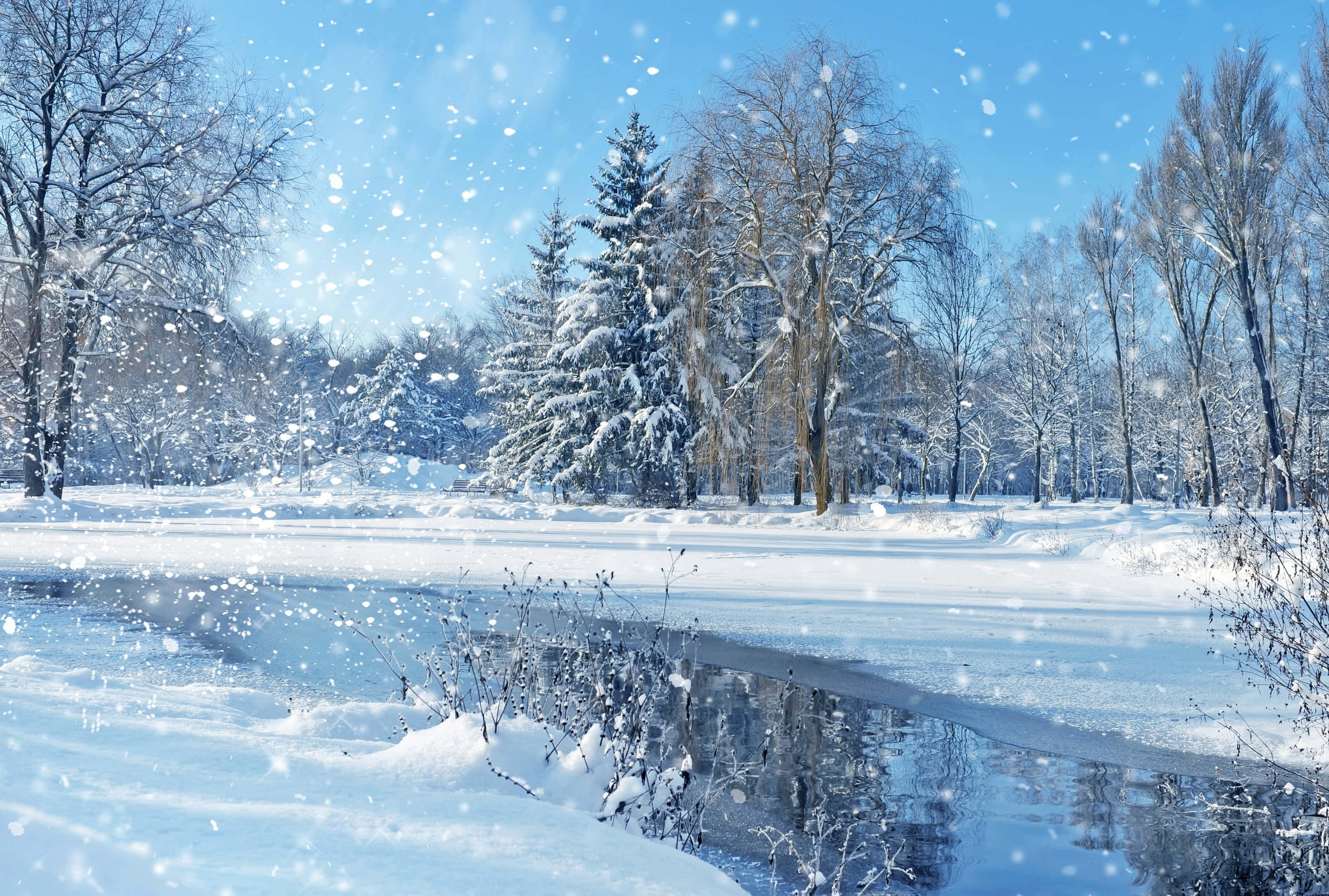 Snowfall, crisp blue air, frozen river, 2K Desktop Wallpaper