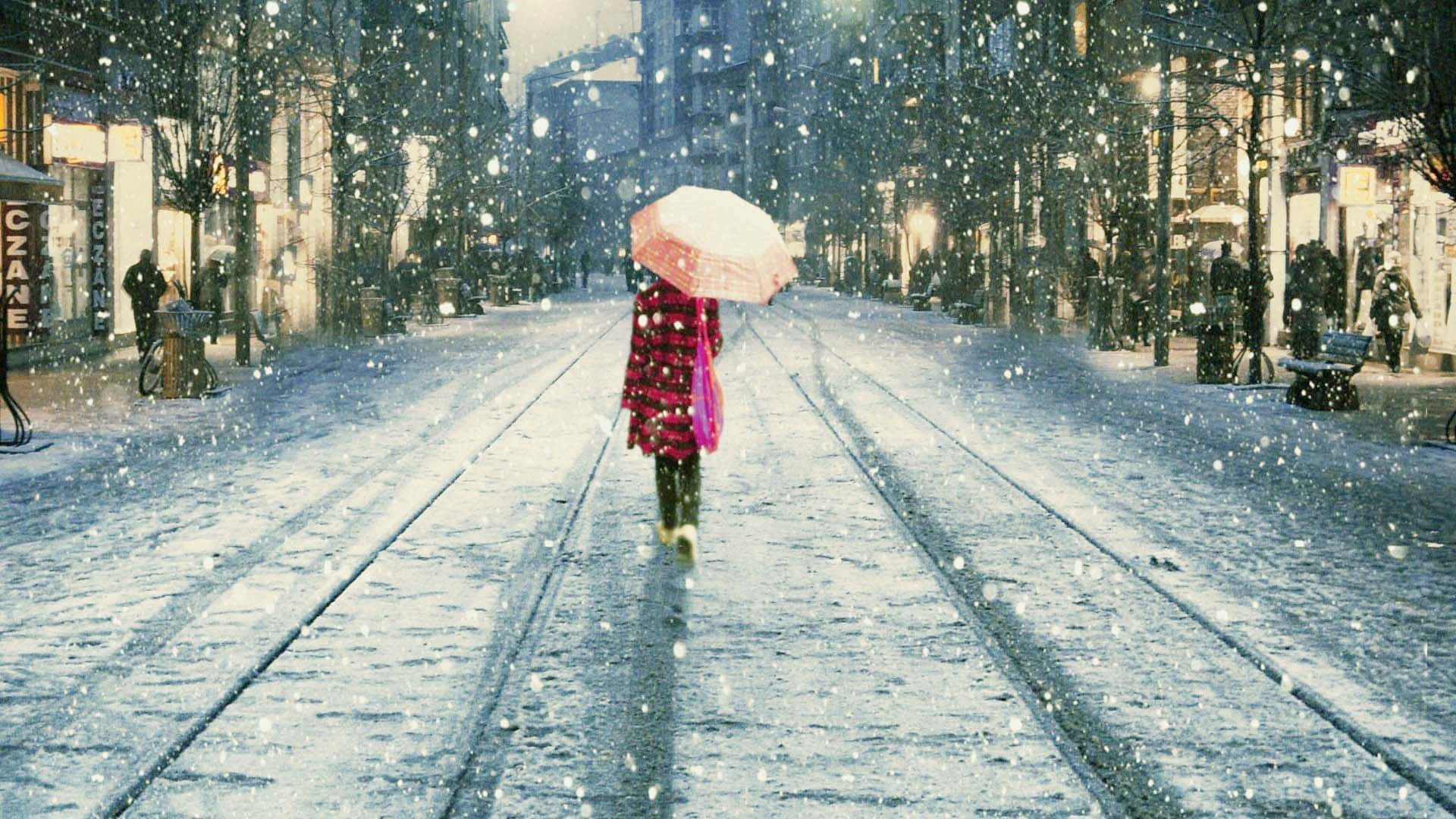 Snowfall, red coat, pink umbrella, Full HD Desktop Wallpaper