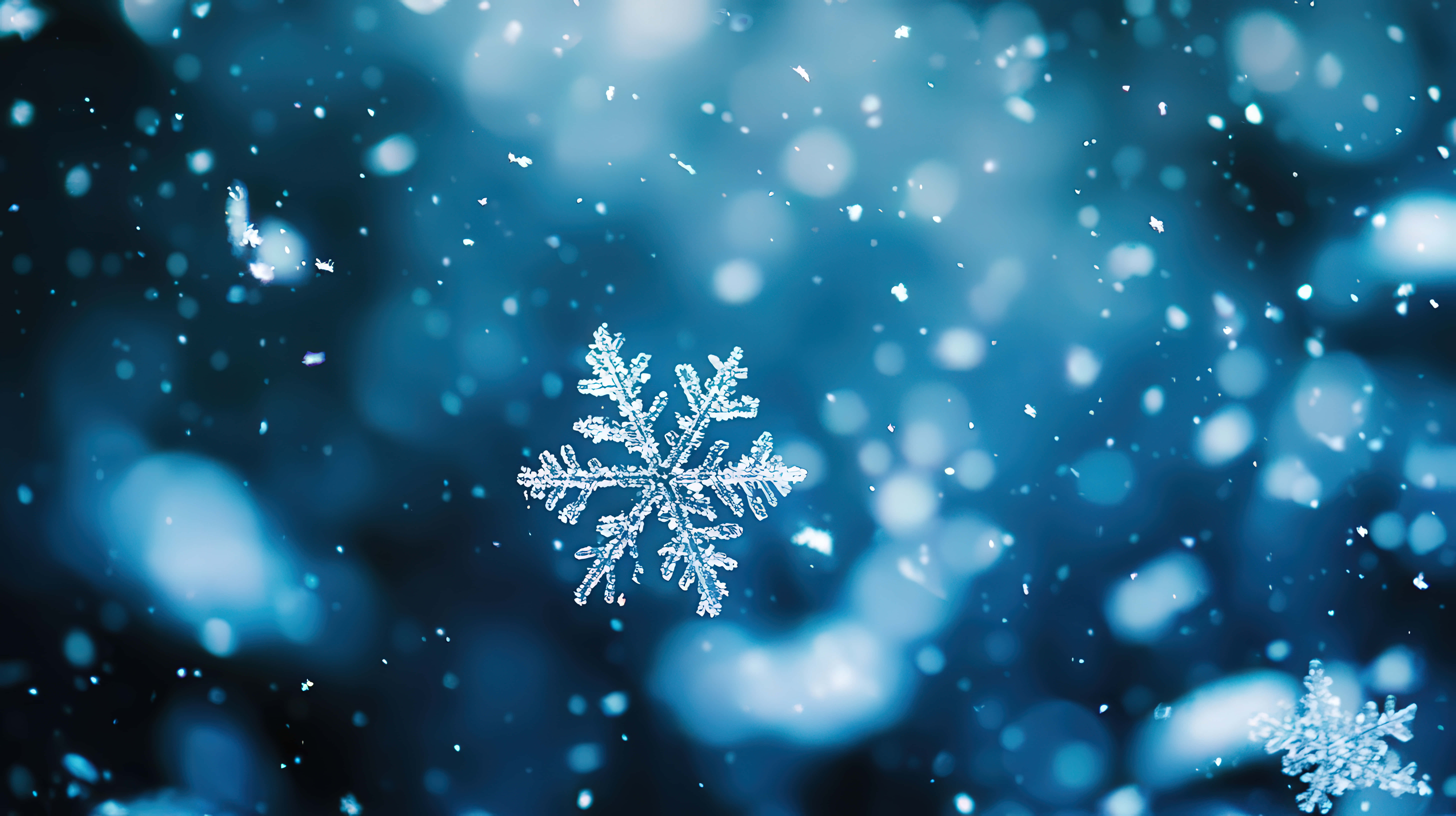 snowflake, winter atmosphere, blue bokeh, 8K Desktop Wallpaper