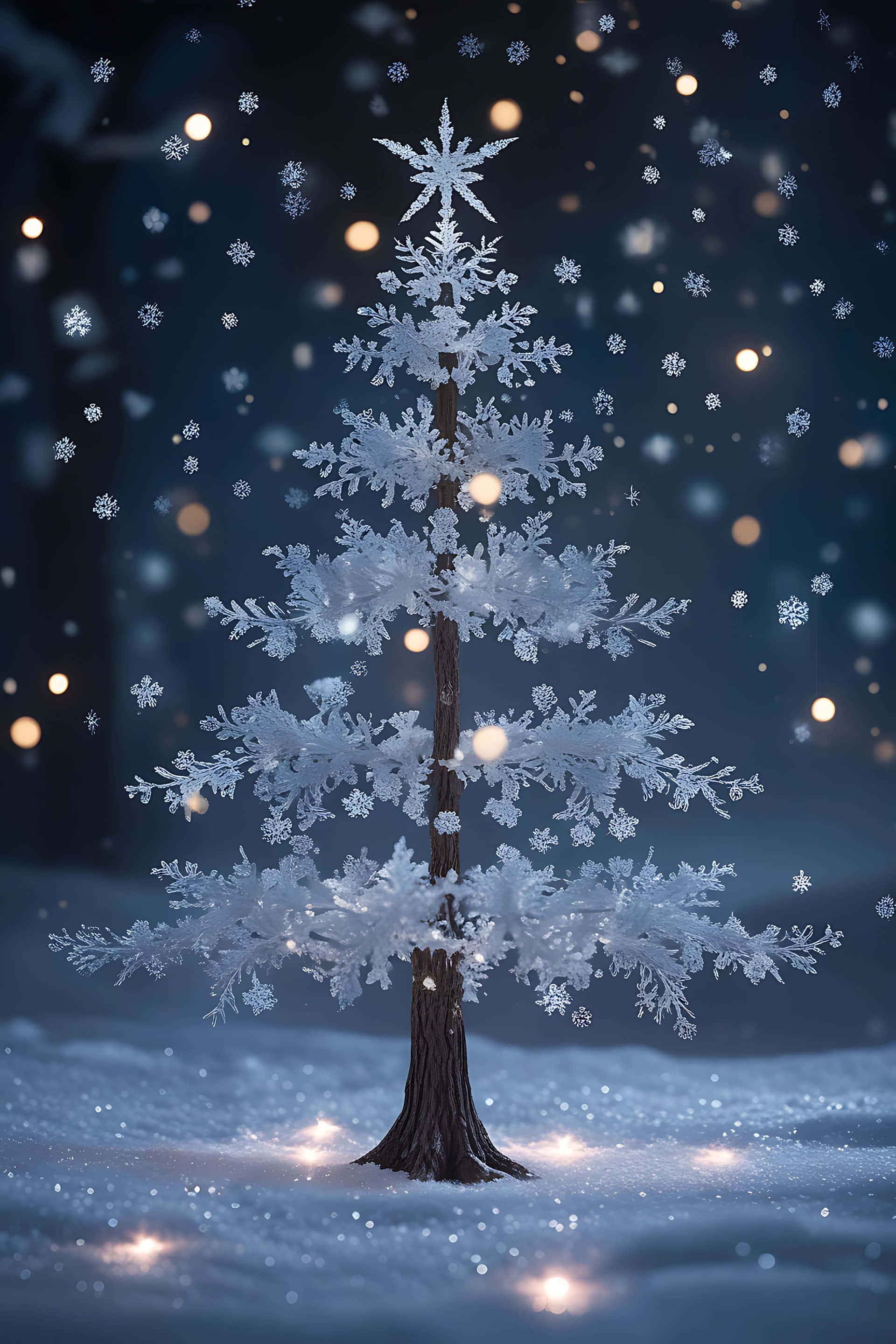 snowflake-adorned tree, snowy landscape, starry night sky, 2K Phone Wallpaper
